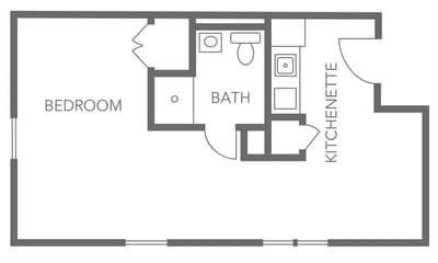 Architectural floor plan of a one-bedroom unit
