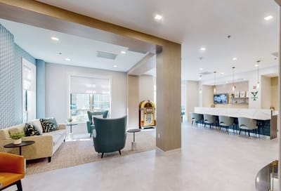 Bright, welcoming common area in a senior living facility