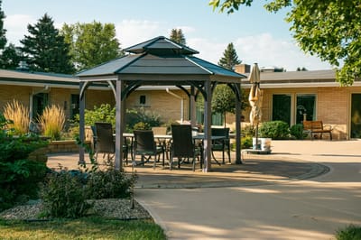 Outdoor gazebo area with seating at the facility