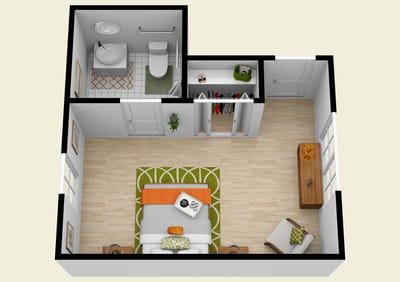 A 3D floor plan of a private room