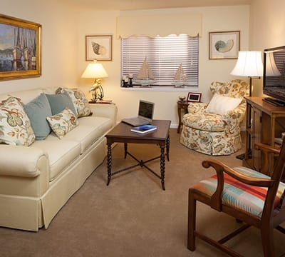 Cozy interior resident room with furnishings