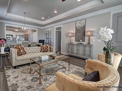 A cozy common area with elegant decor and seating