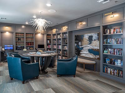 Interior view of a cozy library or common area