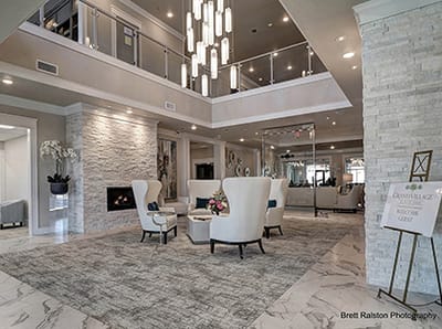 Bright, modern lobby with seating and decor