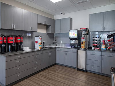 Interior kitchen area with coffee and beverage stations