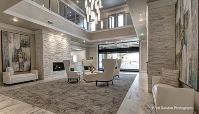 Bright lobby area with modern decor and seating