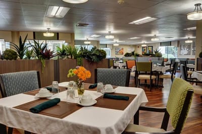 Dining room setup with table settings and plants