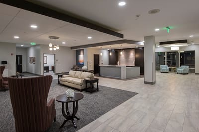 Bright and welcoming common area with seating