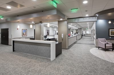 Modern lobby area with reception desk
