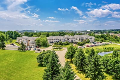 Aerial view of Solstice Senior Living at Bangor surrounded by greenery