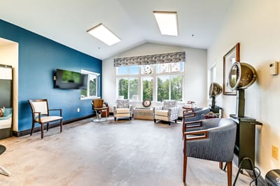Bright interior common area with seating