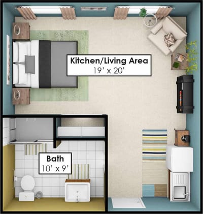 Architectural floor plan of a kitchen/living area and bath