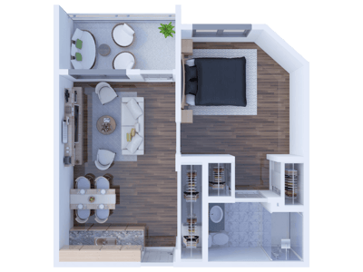 Architectural floor plan of a one-bedroom unit