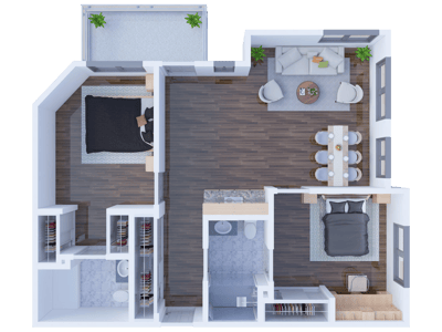 Aerial view of a furnished living space layout