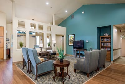 Cozy lobby area with seating and natural light