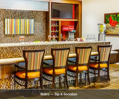 Interior view of a bistro area with seating and drinks