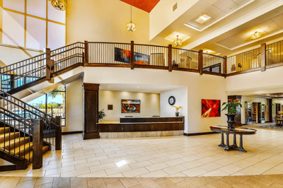 Lobby area of an assisted living facility with a reception desk