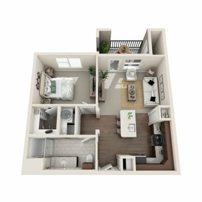 Architectural floor plan of a one-bedroom unit