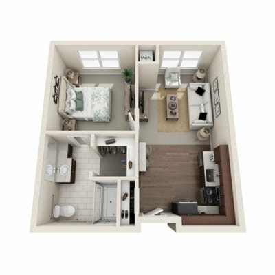 Floor plan of a one-bedroom resident unit