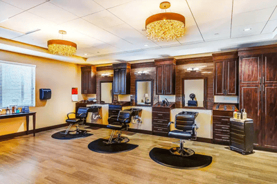 Interior of a hair salon with styling stations