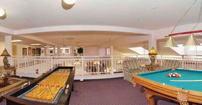 Interior view of a recreation space with games