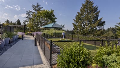 Outdoor space with a resident and landscaped areas