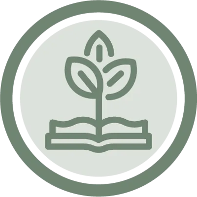 A logo featuring a plant growing from a book