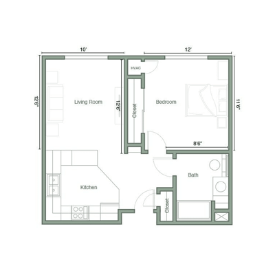 Architectural floor plan of a one-bedroom unit