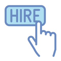 Graphic of a button with 'HIRE' text