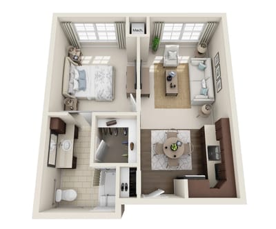Architectural floor plan of a one-bedroom apartment