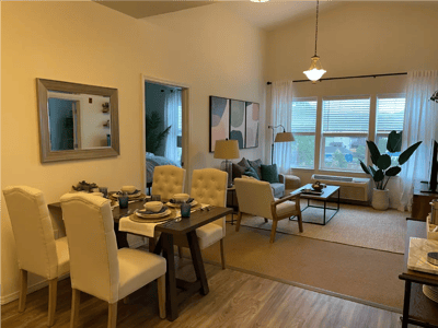 Interior view of a stylish living space with dining setup