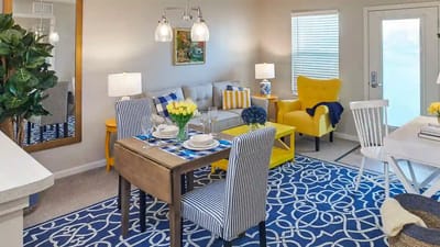 Bright and inviting living room setup in a senior living facility