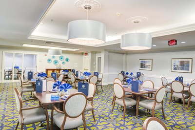 Dining area with neatly arranged tables and decor