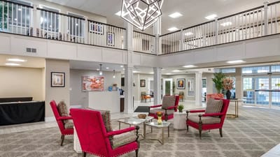 Welcoming lobby with vibrant seating and open space