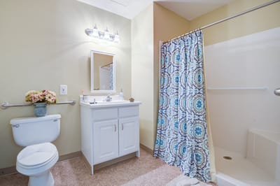 Private bathroom with modern fixtures and decor