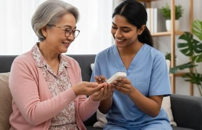 Always Best Care Of Central Ohio, nursing home in Westerville, OH — Caregiver assisting a senior with a mobile device