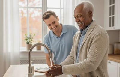 Always Best Care Of Central Ohio, nursing home in Westerville, OH — Caregiver assisting senior male with kitchen activities