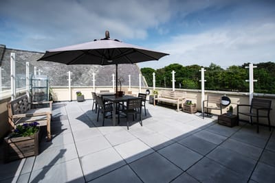 Outdoor rooftop space with seating and umbrellas