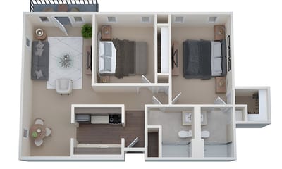 Architectural floor plan of a two-bedroom unit