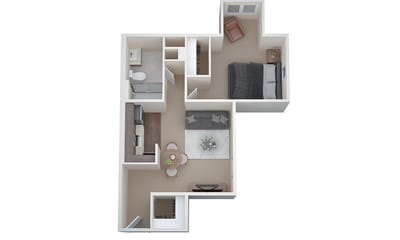 Architectural floor plan of a one-bedroom unit