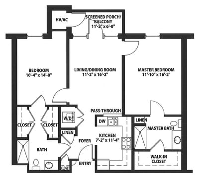 Architectural floor plan of a two-bedroom unit