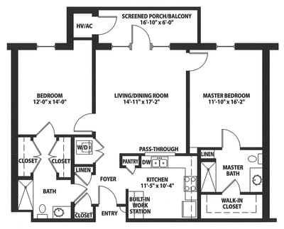 Architectural floor plan of a two-bedroom apartment