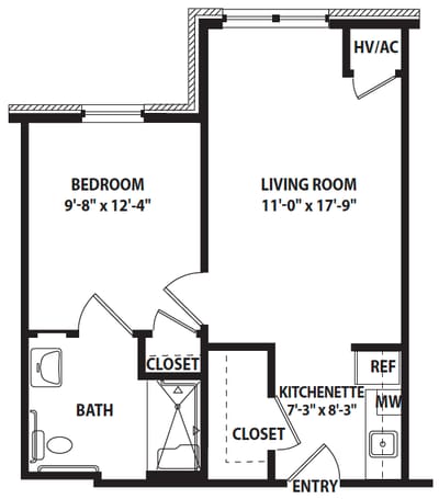 Architectural floor plan of a living unit