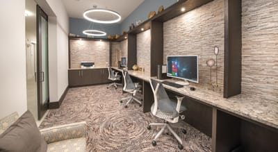 Modern common area with workstations and seating
