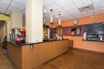 Interior view of the dining area with cafe service