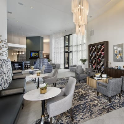 Bright lounge area with modern furniture and decor