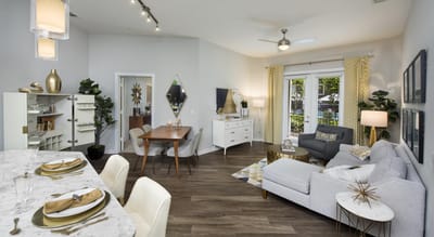Brightly lit common area with modern decor