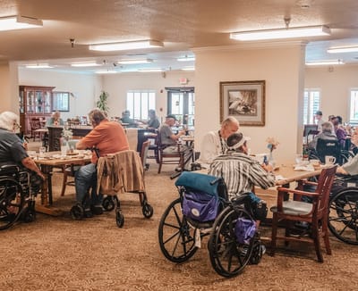Residents enjoying meals in a dining room
