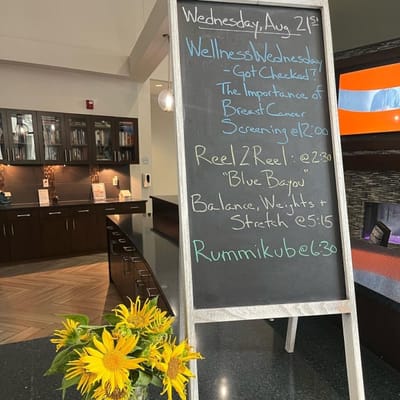 Chalkboard schedule for activities in the common area