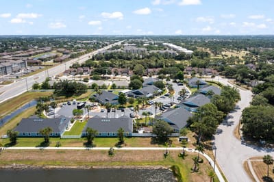 Aerial view of Palm Cottages community with lush greenery